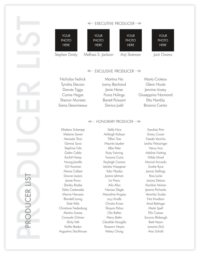 Backers names will be printed in the back of the books something like this. Executive Producers will have their photos (if desired) printed with their names.
