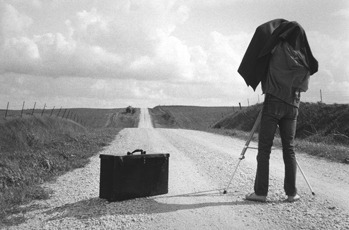 Postcard image of George Tice on the road in Illinois, 1983, by Karon Shaub