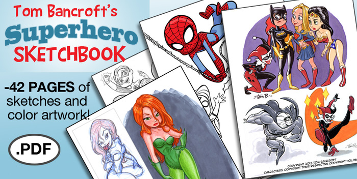 Page samples of the Tom Bancroft SUPERHEROES PDF Sketchbook