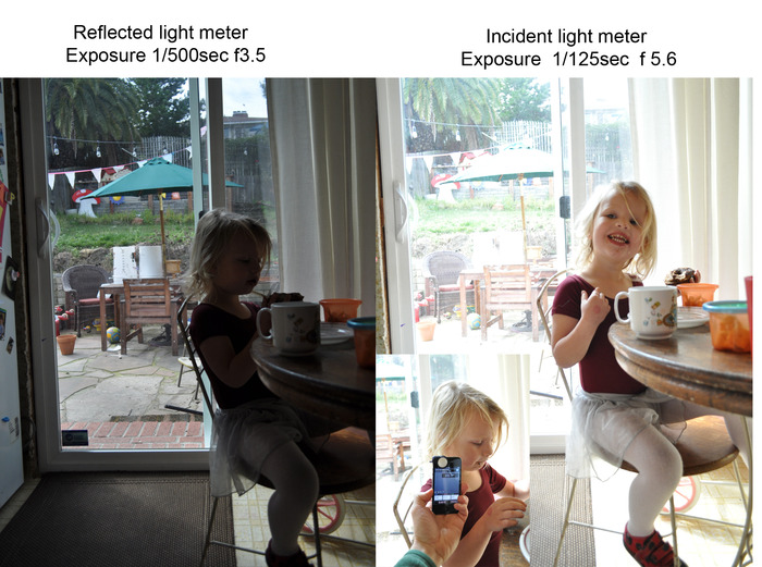 Sample pictures using an in-camera light meter (L) and using Luxi (R)