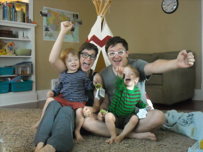 Our family celebrating in our pajamas this Summer after our first Kickstarter campaign was funded!