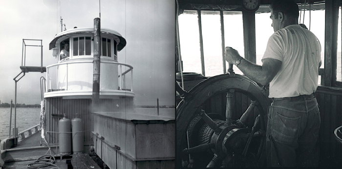 These two photographs were taken aboard Laurel during 1968 while she was "mopping" for starfish. Captain Fred Beloin is at the helm in both photographs.