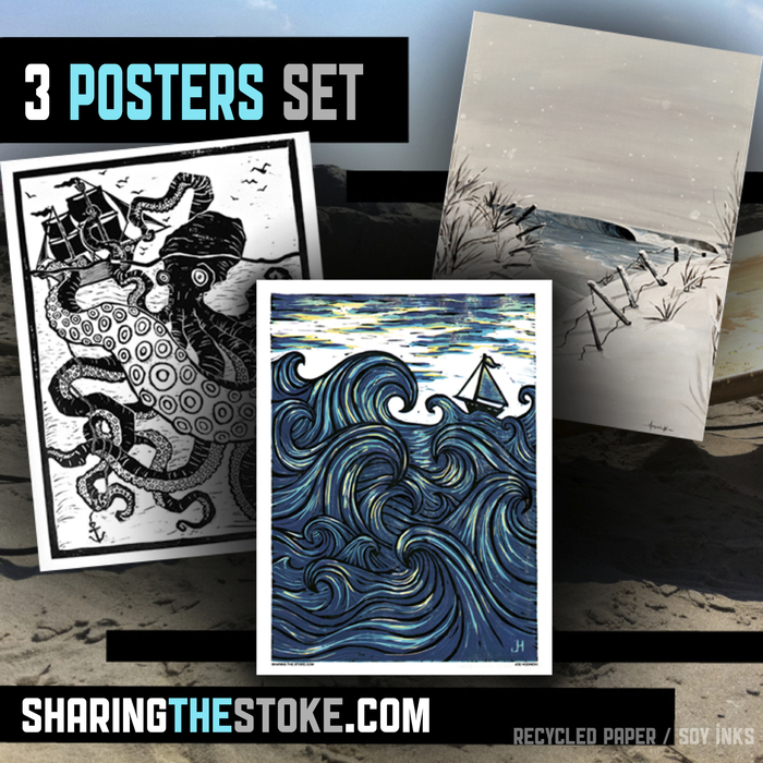 A set of 3 posters printed with soy based ink on recycled card stock by friend and artist Joe Hodnicki