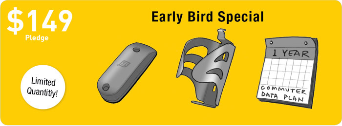 The BikeSpike Device, 12 months of the Commuter data plan, 1 carbon fiber water bottle cage, wall charger, security screws and installation tool
