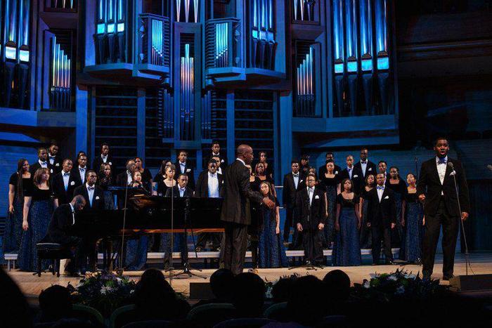 The Aeolians singing at the beautiful Moscow Performing Arts Center