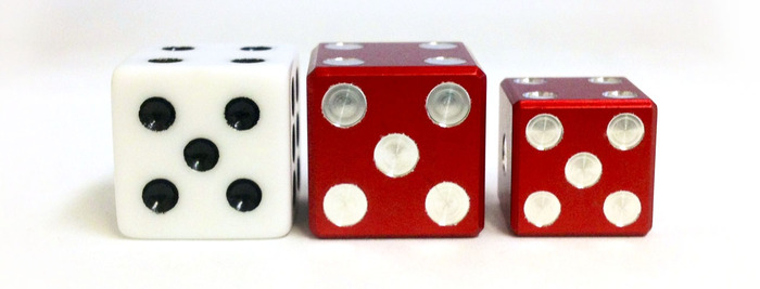 Above are prototyped aluminum in both sizes next to a standard Monopoly 16mm plastic die for size comparison