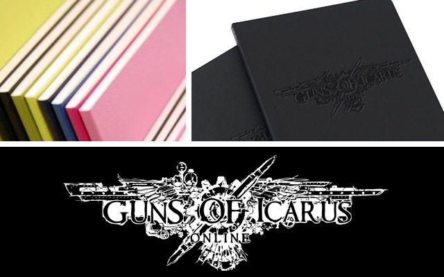 Clockwise from top left: Volant notebooks thickness, mockup, and our logo.