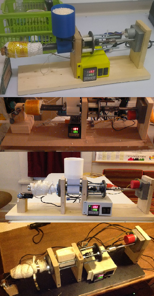 Four of our beta testers' Filastruders, powered up and running!
