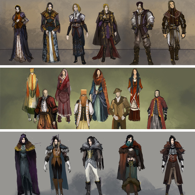 Each faction has its own style and culture. Clothing concepts from the Mercantile Guild, Order of Chaladon, and Fjord Baronies.