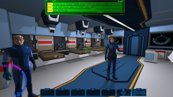 The Medical Bay. You will be presented with many opportunities to speak as YOURSELF, the game player, and share various aspects of you really being an interdimensional traveller using iDGi-1 to explore their world. Their reactions are often surprising.