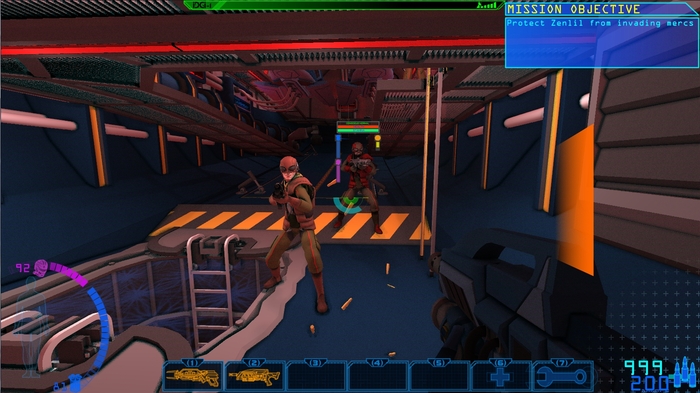 Defending Zenlil from invaders! Note the two bars above the combatants heads. When the top bar (health) reaches zero, they will die. When the bottom bar (stamina) gets close to zero, they will fall unconscious.