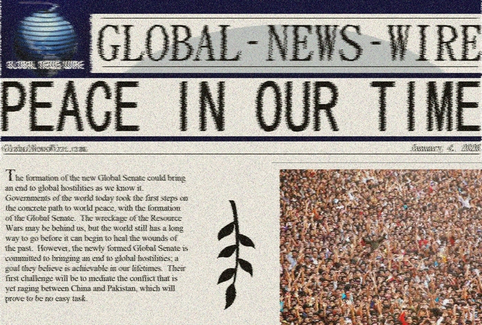 A headline pulled from the alternate dimension by iDGi-1. It describes the end of a global conflict referred to as "The Resource Wars," and the formation of the Global Senate. The distortion is due to unavoidable errors in the quantum data stream.