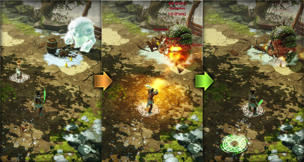 An example of manipulating the elements: fire turns ice into water. Characters standing in water get wet. Wet characters have a penalty against lightning damage. (Current in-game screenshots, work in progress.)