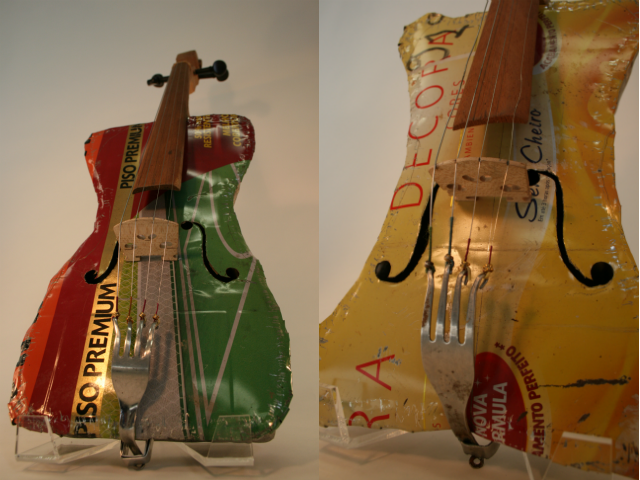 Metal Glue cannister, fork, used strings, recycled wood and tunning pegs. Nicolas "Cola" Gomez, maker