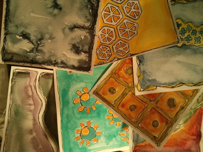 In my studio there are lots of postcards waiting for homes right now