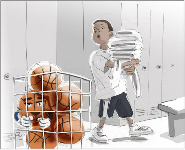 Barry was too small to play for the team, but he got to be the Equipment Manager. “Great, I get to clean up after the players,” he grumbled. While performing his duties, he heard something over by the balls. “Whoa? I’m in the slammer? Hey Dude…”
