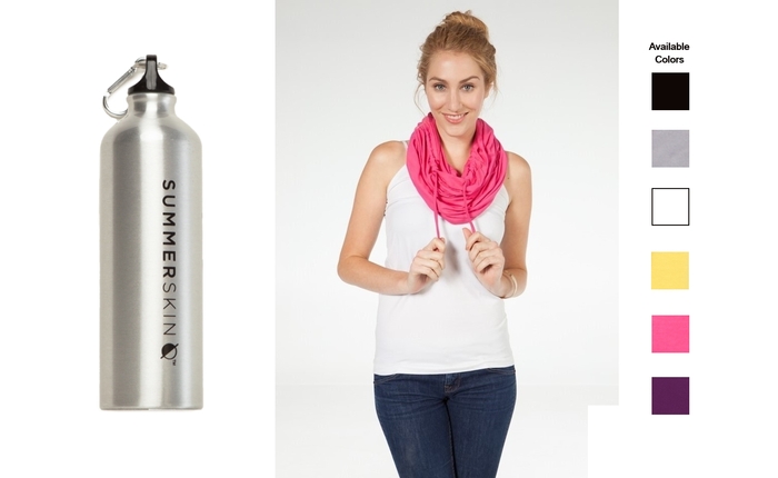 Stay hydrated and protect your skin with the SUMMERSKIN aluminum water bottle and an Endless Summer Scarf™ in the color of your choice.