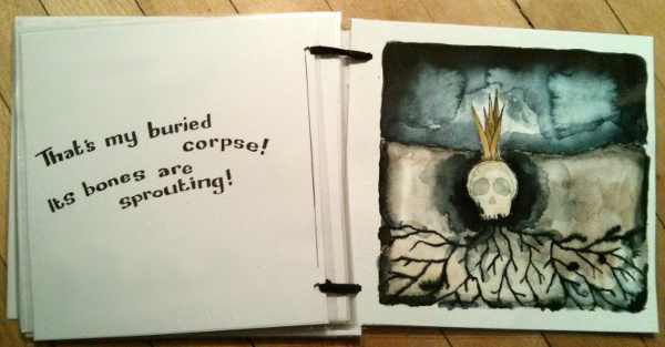 The first and last pages of the original edition of The Waste Land for Babies. That version was produced in a Christmas Eve flurry of grumpy old laminator & grumpy new printer, scissors & glue, string & very helpful cats. Our version will be so much nicer