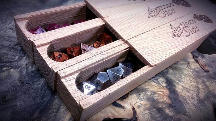 All of our dice sets come in a Solid red Oak dice box at no extra charge.