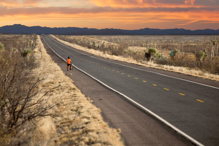 Zoë is finishing her 30 miles of the day somewhere in New Maxico, as I documented her run across the USA in 2011.