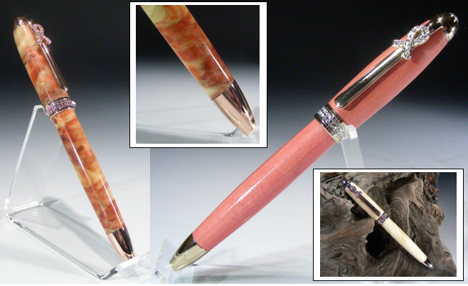 BCA Pen show in Rose Gold/Pink Crystals in Red Box Elder (left), 24k Gold/Clear Crystals in Pink Ivory (right), and Chrome/Pink Crystals in "White" Box Elder (insert).