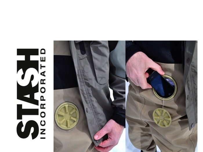 Stash Pocket + Waders = Just a natural fit, right? Needs to happen...don't know how many people have soaked their phones while casting. Will most likely change pocket placement on these - higher up on bib. Prototype worked perfect!!