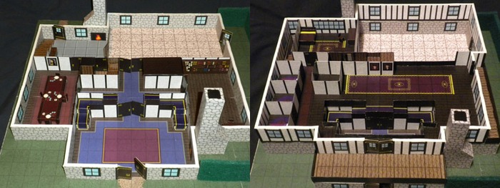 Two interlocking floors with hinged doors.