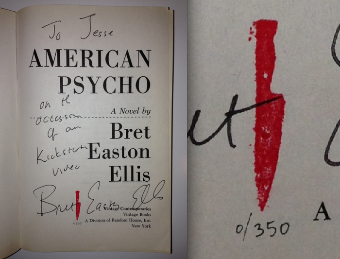 Limited "Red Knife" series of the Vintage paperback copy of American Psycho, signed and personalized by Bret Easton Ellis