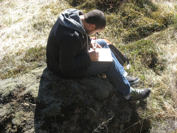 Pablo using one of his antique camera lucidas, Iceland, 2010.