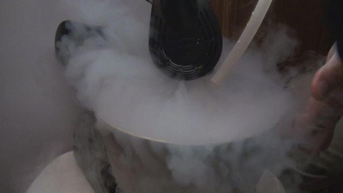 Liquid nitrogen evaporating when entering room temperatures.