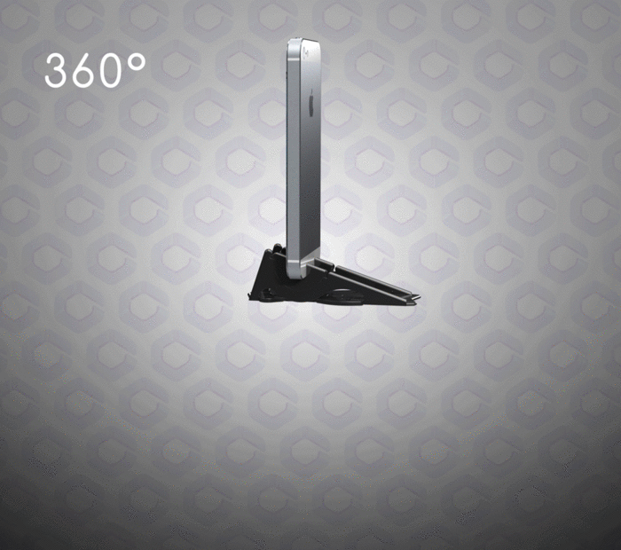 A combination of four 90° sweeps lets the Pocket Tripod hold the iPhone at any angle.