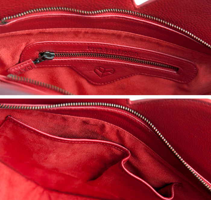 Interior Detail. Each bag has one zip pocket and two slide pockets.