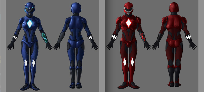 The latest rendering of our Blue and Red Rangers from costume designer Robert Casanova -- this is an example of what the helmet will look like that you can receive for the $2500 level!