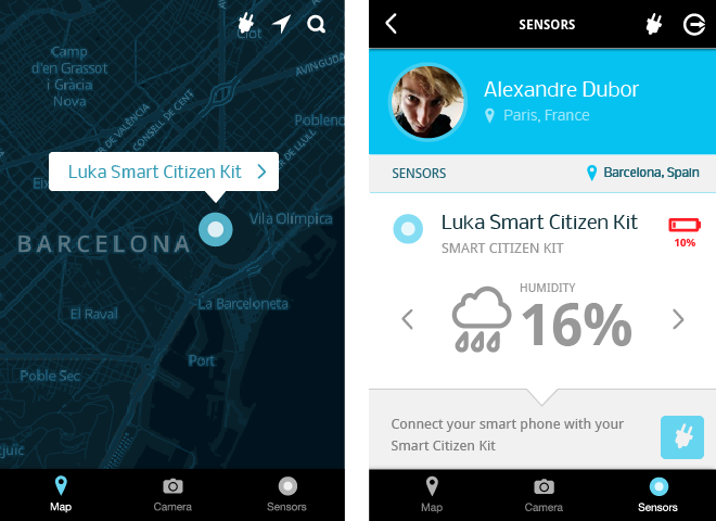 User Interface wireframes of the Smart Citizen Kit mobile app. See an actual demo a few paragraphs below. For more details visit http://acrobotic.com/smart-citizen/app