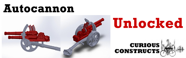 The Autocannon, designed by Kit Burrows, is a double barrelled cannon which is crossed with a piston. As the wheel turns the barrels move in and out loading and ejecting shells as they go.