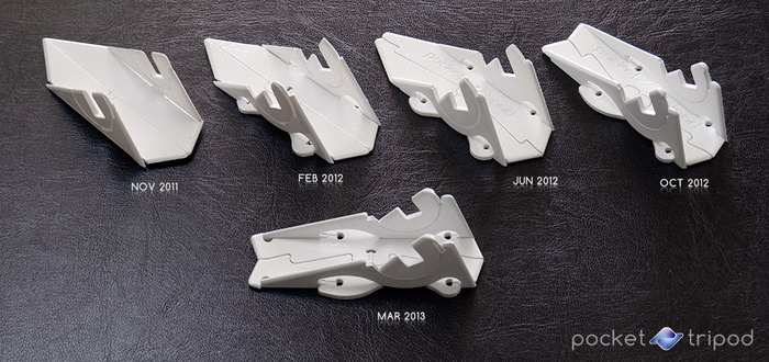 Design evolution of the Pocket Tripod shown through milestone rapid-prototypes.
