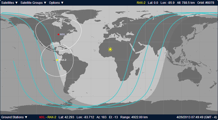 Orbit tracking software for RAX-2, a UofM satellite currently in orbit. The light blue arcs are the ground tracks of the current orbit and the last two orbits. The white circles are the range of the communications systems.