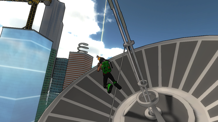 Delilah's grappling the feed horn of the radar dish