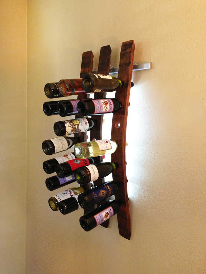 Lumi Wine Wall with 3 wine staves holding 21 bottles of wine includes all hardware, 72 SuperBright LEDs and three 12V wall transformers or three battery packs. Once project ends the retail price of the three Lumi Wine Wall will be $375.00.
