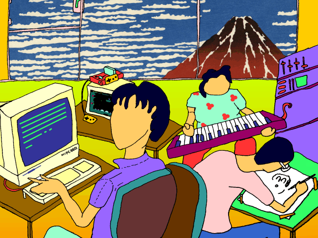 Artist's impression of a game development office in the 1980s