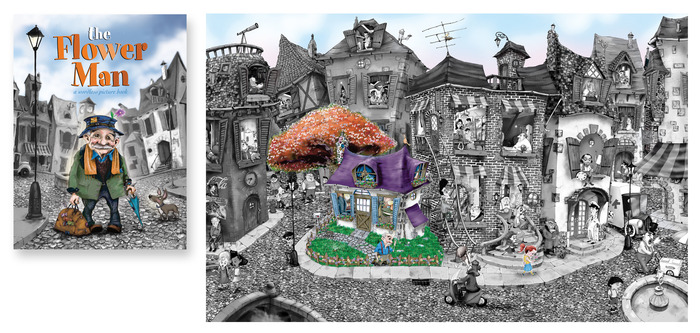 "The Flower Man" was my first wordless picture book. It's about a man who comes to this depressed city street, buys an old shack, fixes it up - all the while everything he touches turns to color! Every window tells a different story! Over 60!