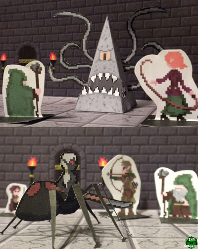 Above: 3D miniature "Rock Reaper", Below: Semi-3D miniature "Arachnorider"