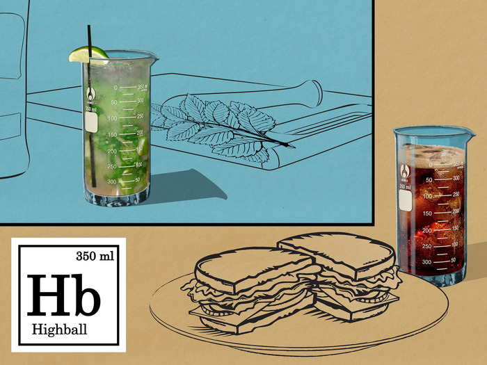 Sketched renders of the Highball Glass and its drinkatory uses