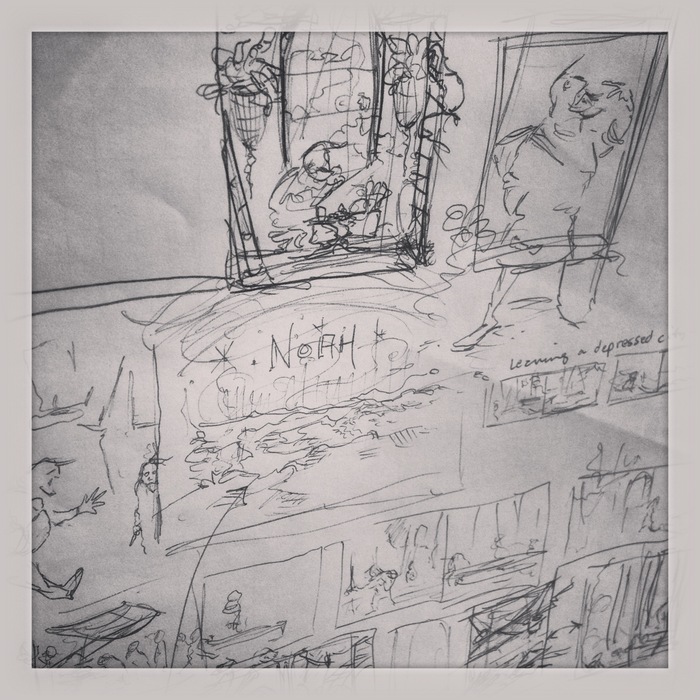 Here were some of the early thumbnail sketches catching the initial flow of book
