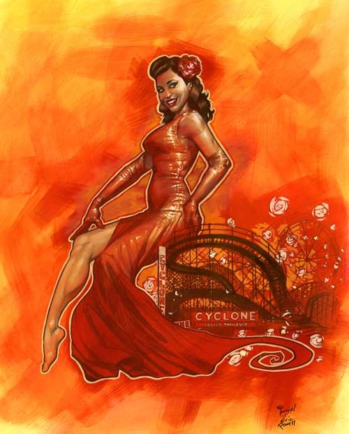 Burlesque's femme fatale posing alluringly top her Coney Island namesake. Signed by Eric Powell and Angie Pontani!