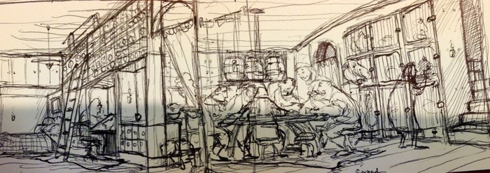 Early set design layout for interior scene showing working, living & eating quarters on the Ark