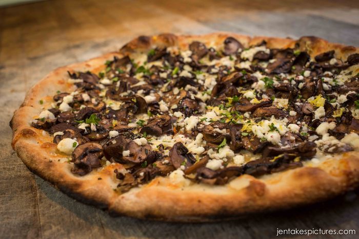Hood River Organic cremini mushroom & goat cheese pizza with lemon zest