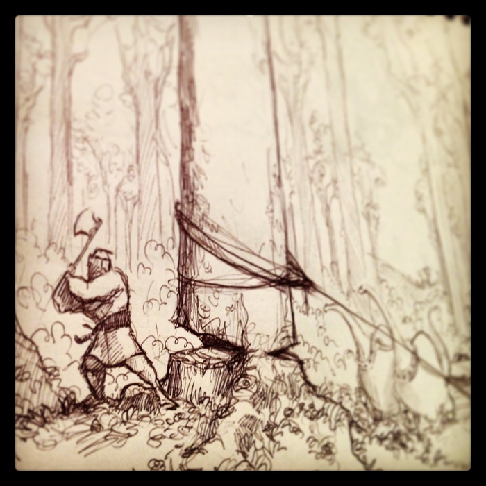 Early concept drawing of Noah felling the Gopher Wood