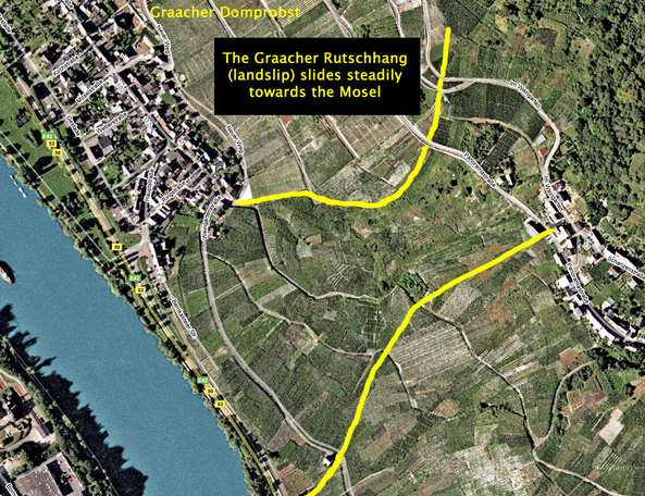 The Landslip Zone at Graach. The motorway which will connect to the bridge will be built along the top of this unstable section of vineyard land.