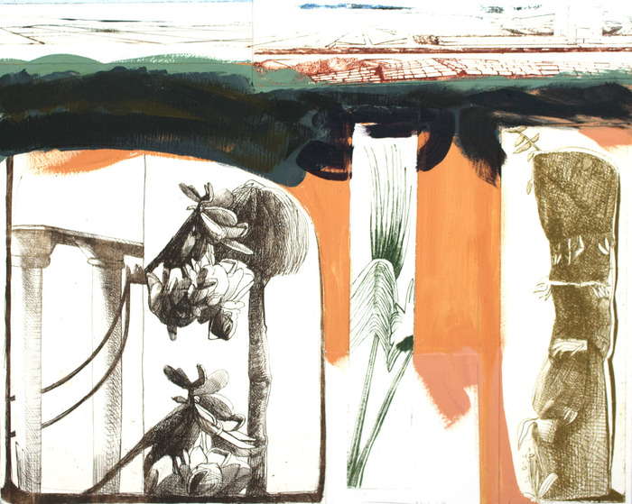 Plant Screen and Valley View - acrylic over lithographs mounted to panel - 16'' x 20'' - $350